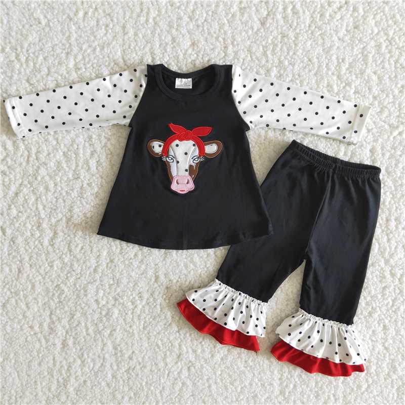 Black Cow Embroidery Ruffle Pants Set