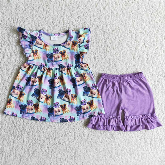 dog print purple shorts set