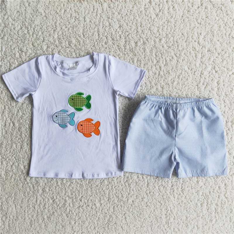 3 small fish embroidery woven shorts set