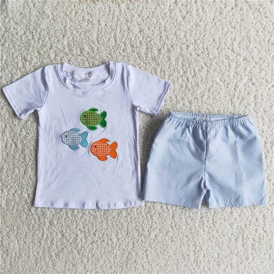 fish embroidery woven shorts set
