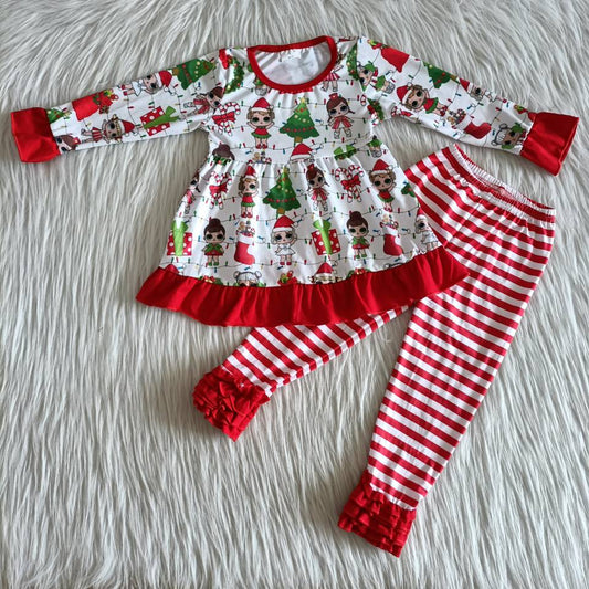 Red Doll Christmas Stripe Ruffle Pants Set