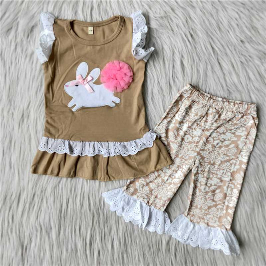light brown bunny embroidery capris set for easter