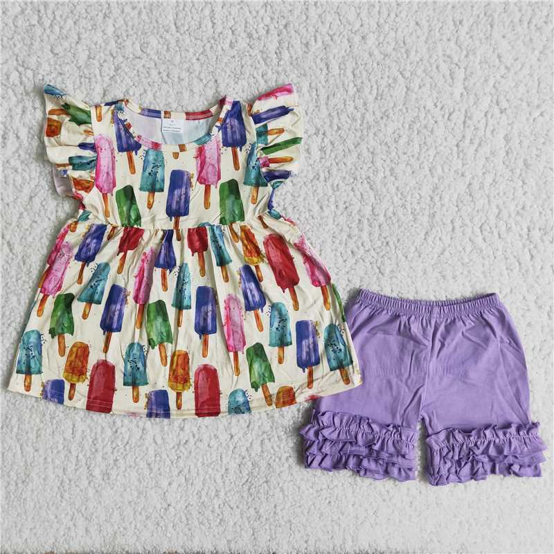 popsicle print purple ruffle shorts set