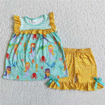 sleeveless mermaid print dots shorts set