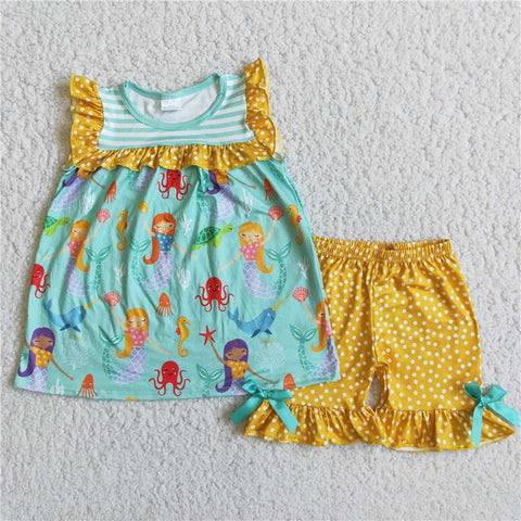 sleeveless mermaid print dots shorts set