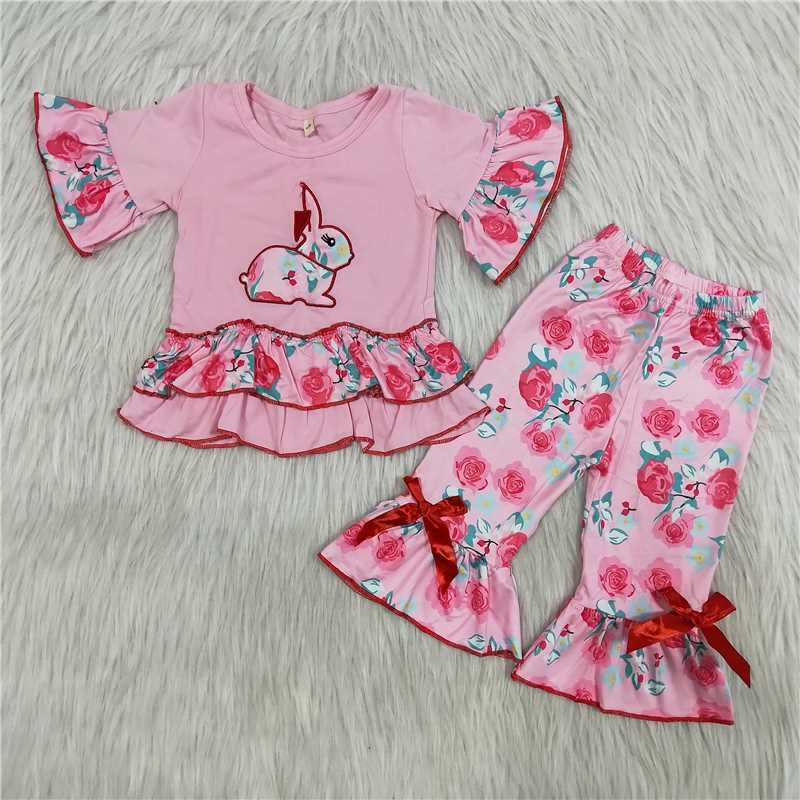 Pink Bunny Embroidery Top Ruffle Capris Outfit