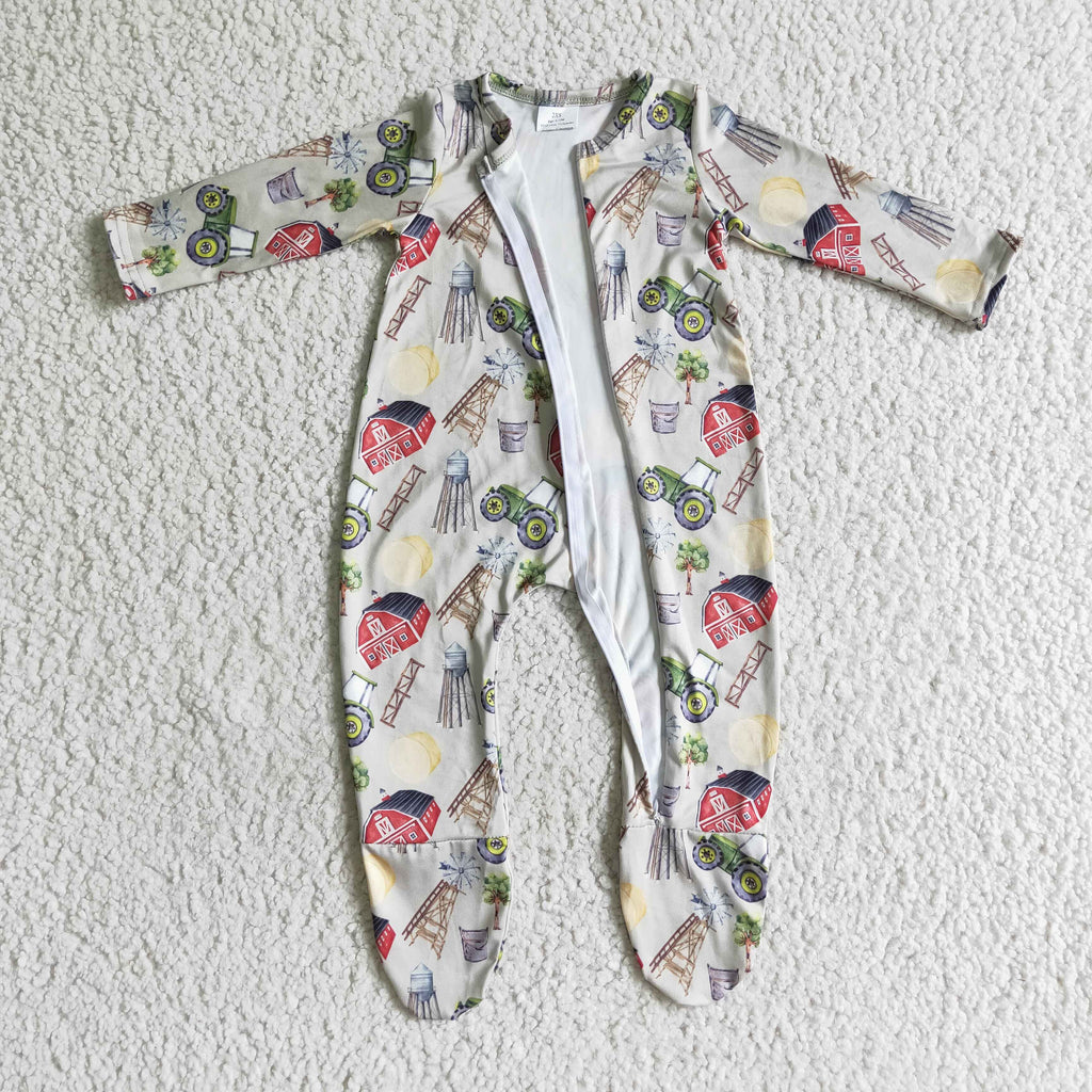 farm print baby romper with zip