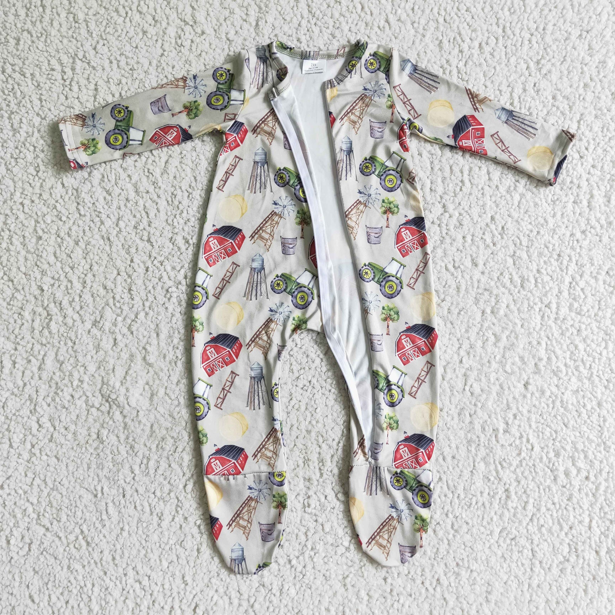 farm print baby romper with zip