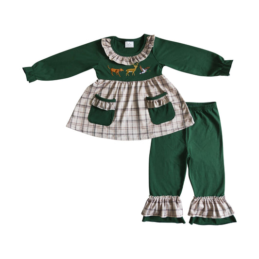 kids clothing dog deer duck embroidery green ruffle pants set with pocket for girl