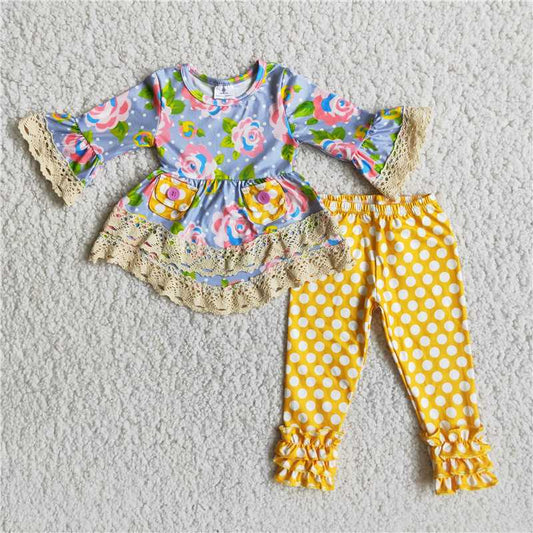 Floral lace tunic yellow dots icing pants set