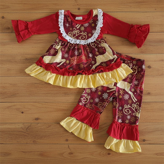 Snowflake Deer Ruffle Pants Set for Christmas