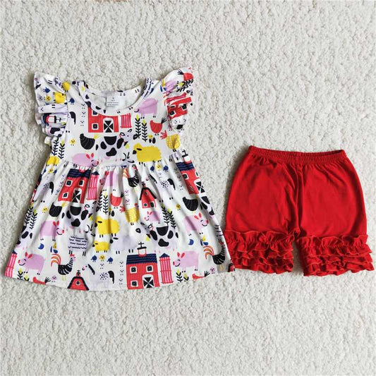 farm print red ruffle shorts set