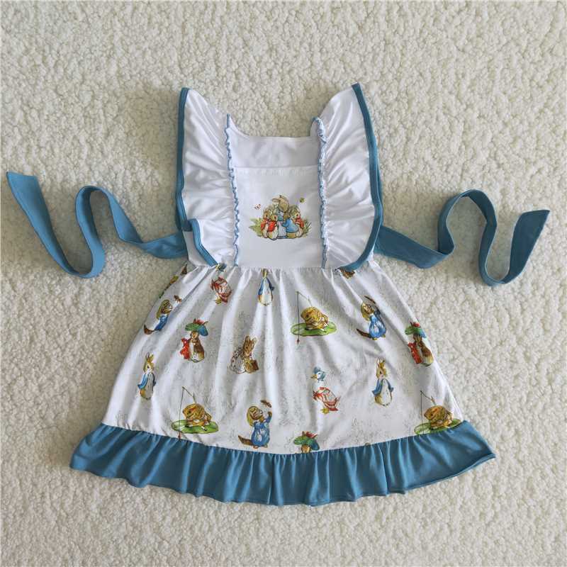 kids baby clothing sleeveless blue&white easter dress girl
