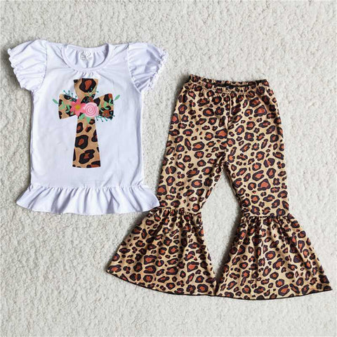 short Sleeve cross print shirt leopard bells set