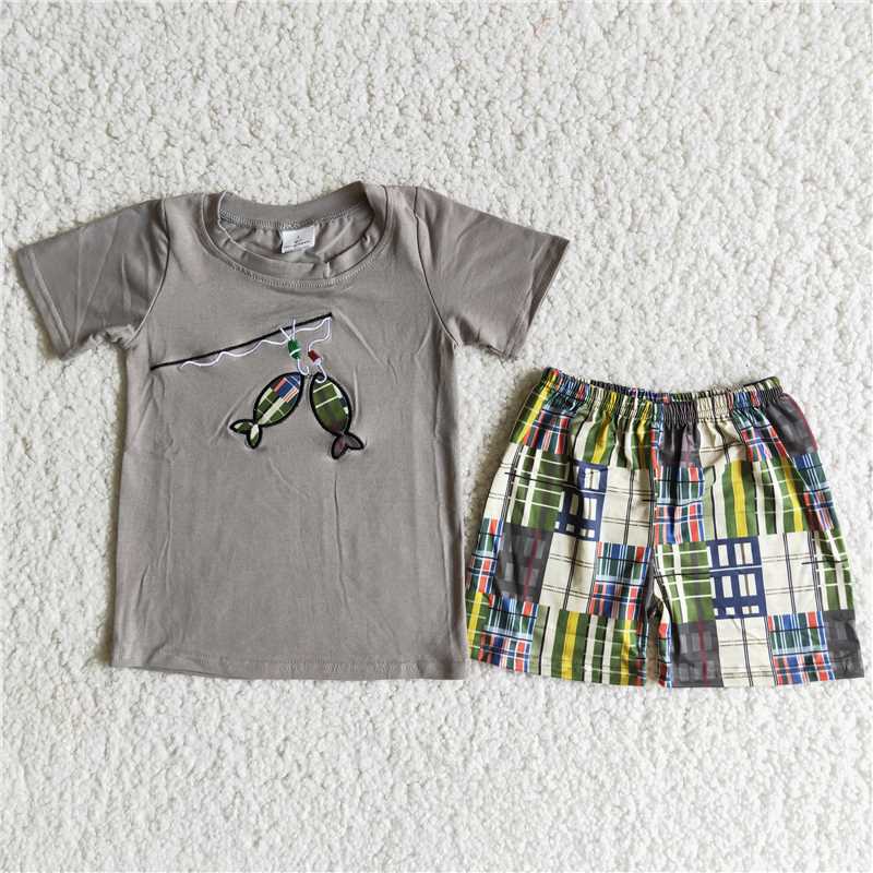 fishing embroidery shorts set boy’s outfit