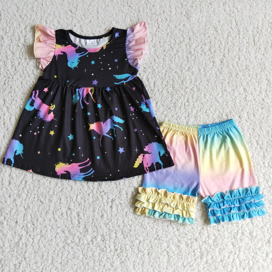 unicorn print rainbow color shorts set