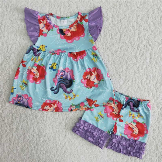 girl summer mermaid shorts set blue