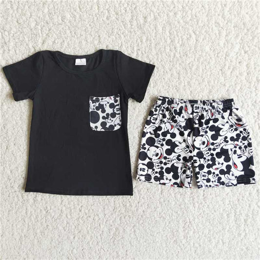 boy summer outfit cartoon mouse shorts set black