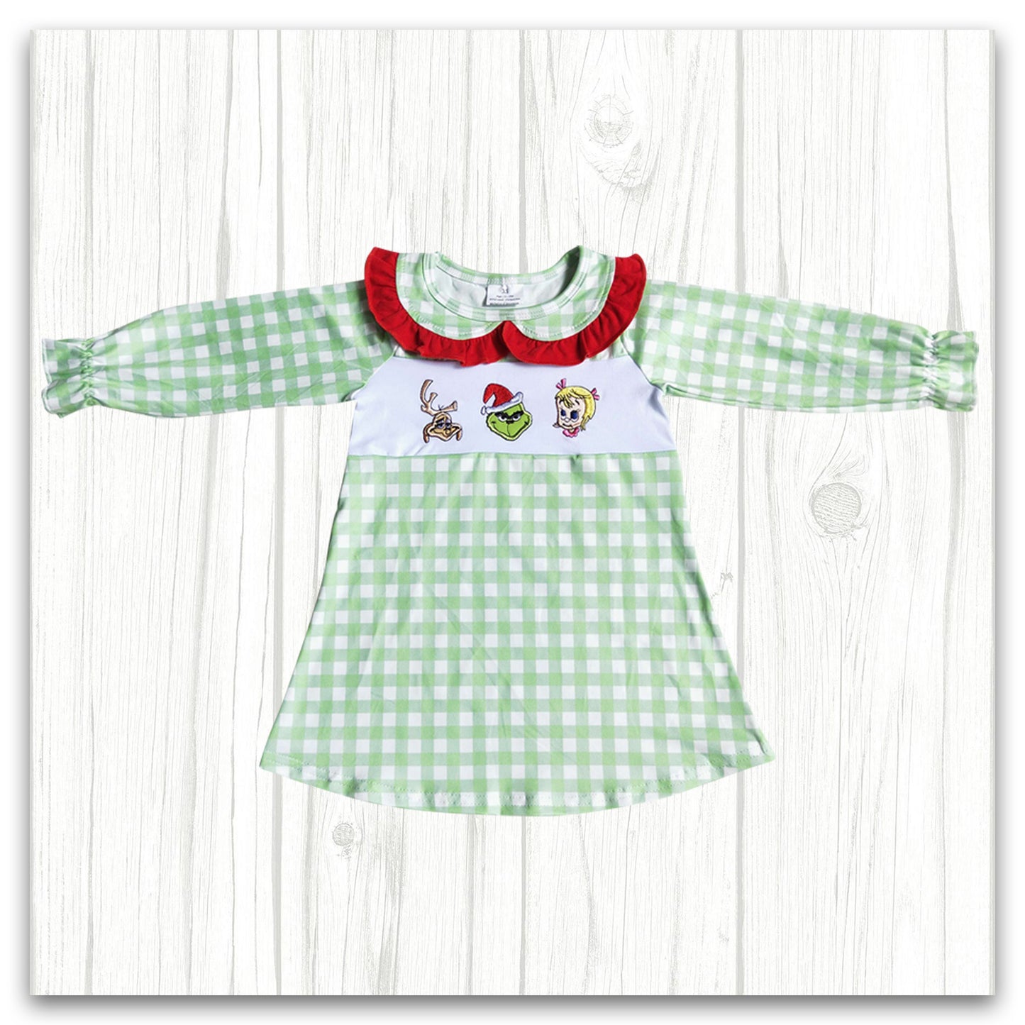 cute christmas green plaid embroidery dress