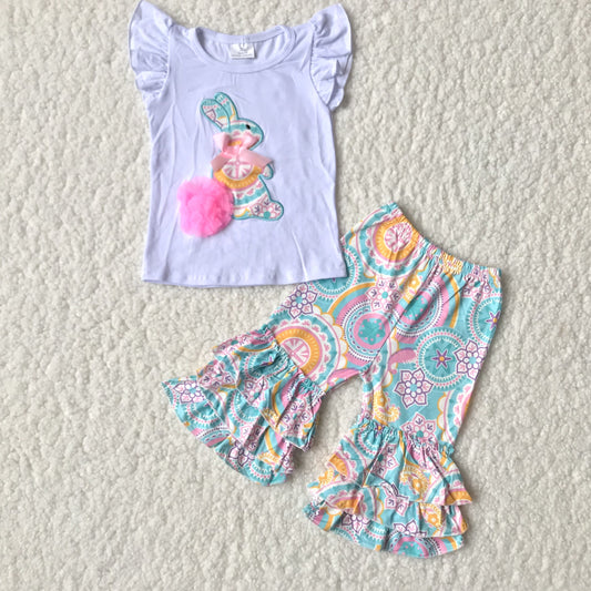 Cute Bunny Embroidery Top Ruffle Capris Outfit