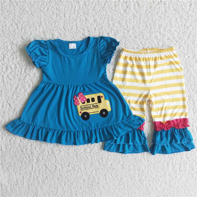 short sleeve school bus embroidery stripe capris set