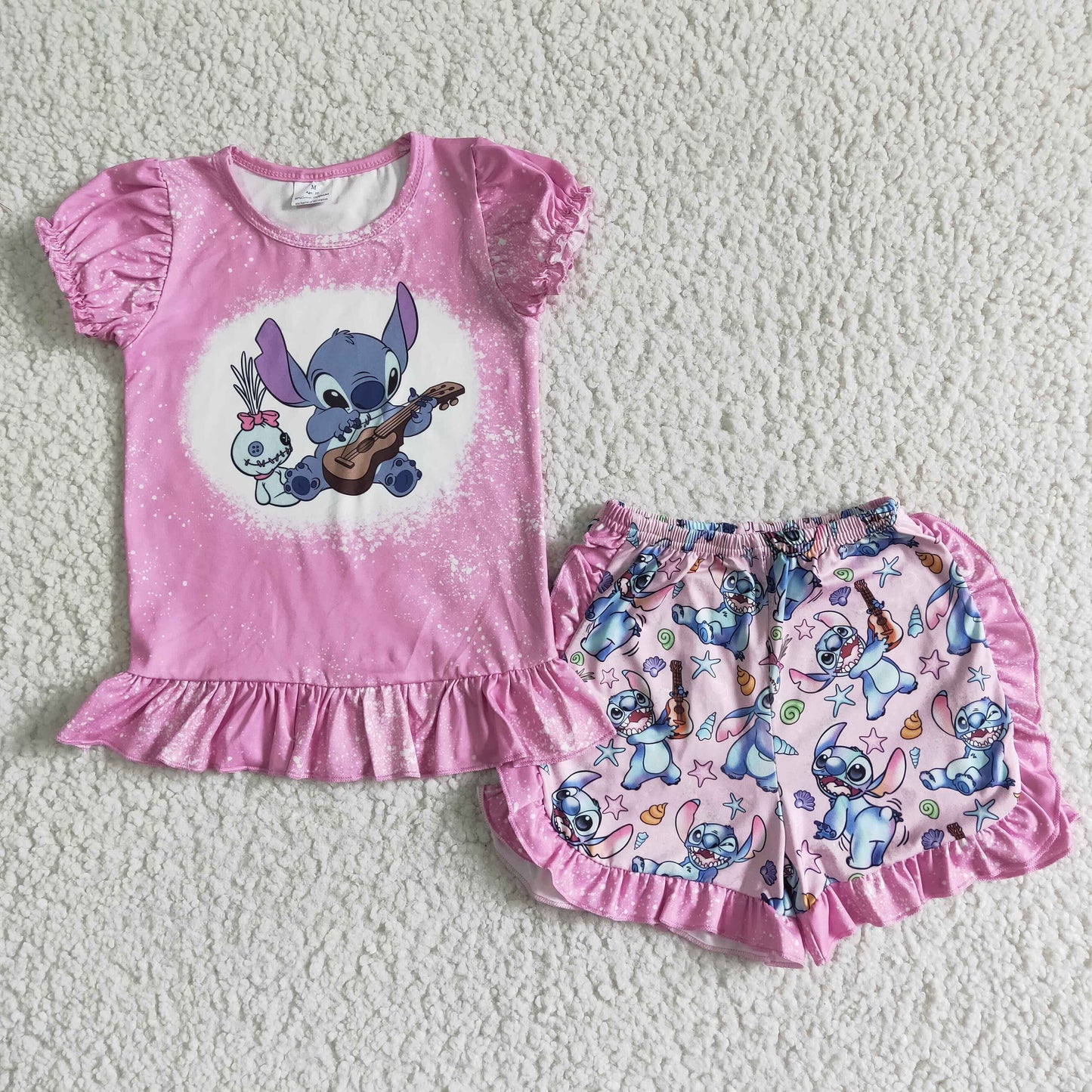 girl's outfit pink lilo print ruffle shorts set clothing