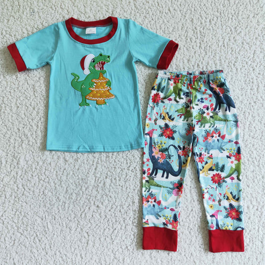 boy’s outfit christmas short sleeve dinosaur embroidery pants set