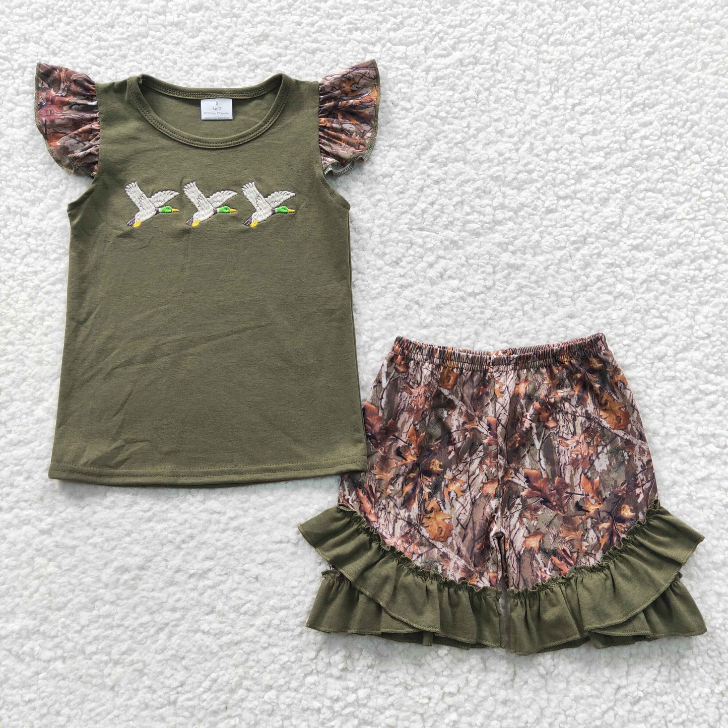 little girl duck hunting embroidery camouflage ruffle shorts set