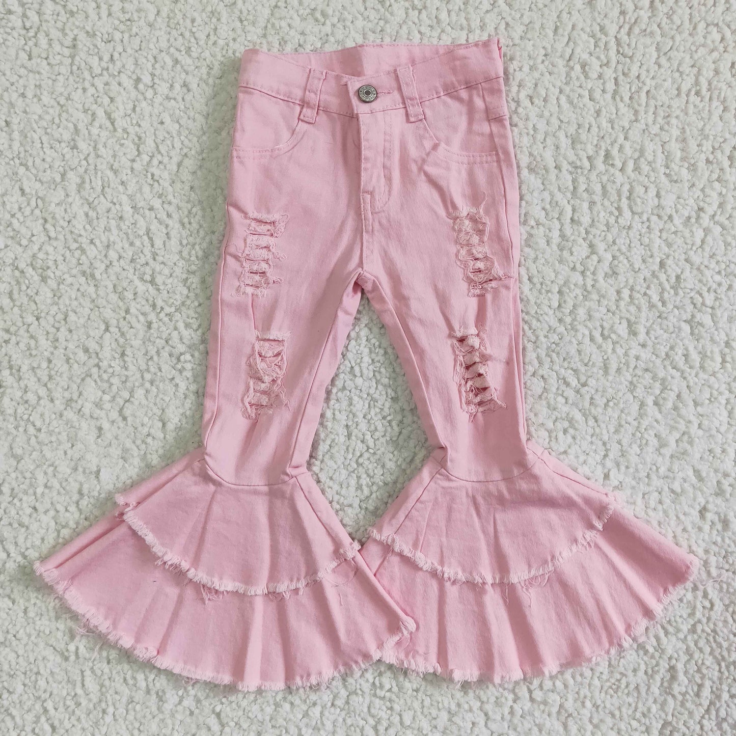 light pink denim double wide belles with hole
