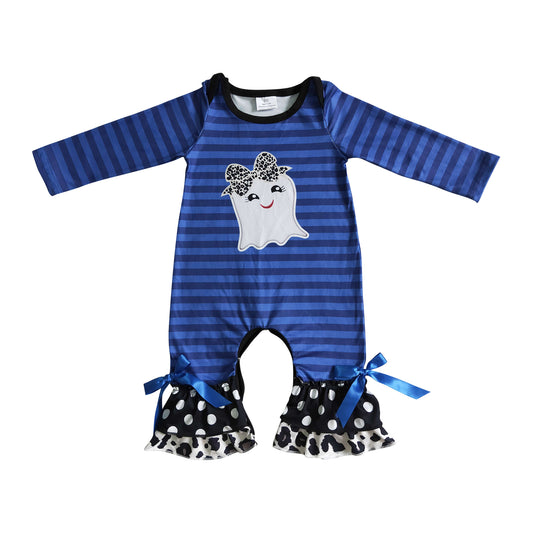 girl halloween cute boo print blue striped ruffle romper