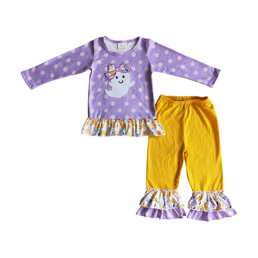 purple dots halloween boo embroidery ruffle outfit for baby girl