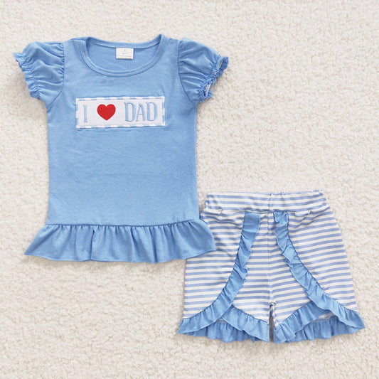 i love dad embroidery blue shorts set girl