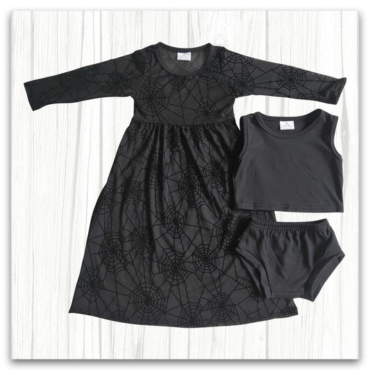 black bummies set match spiderweb maxi dress baby girls Halloween set