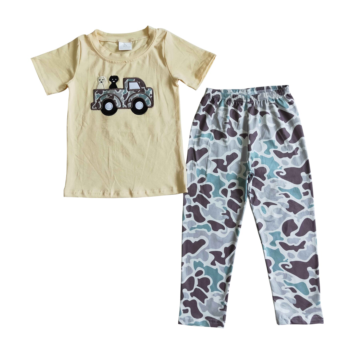 boy short sleeve embroidery outfit camo pants set