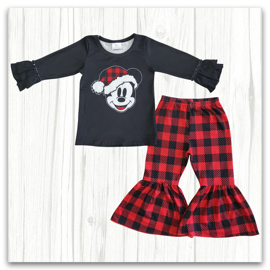 Kids Girl Christmas Cartoon Outfit Plaid Pants Set