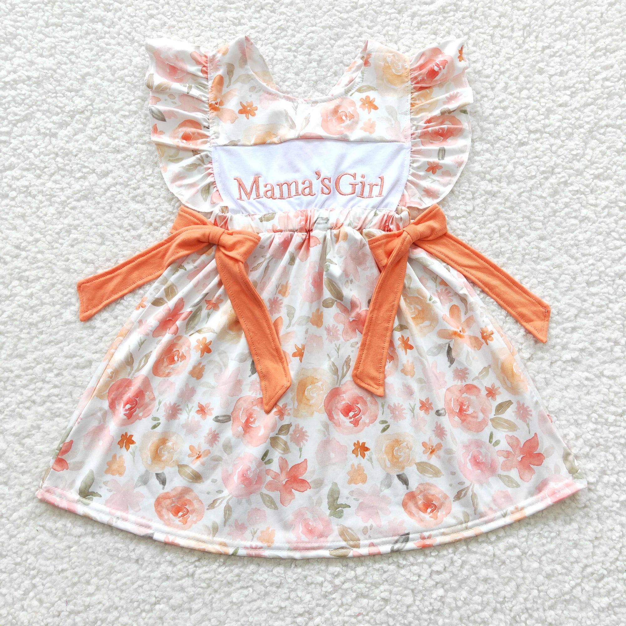 mama's girl orange floral bow embroidered dress