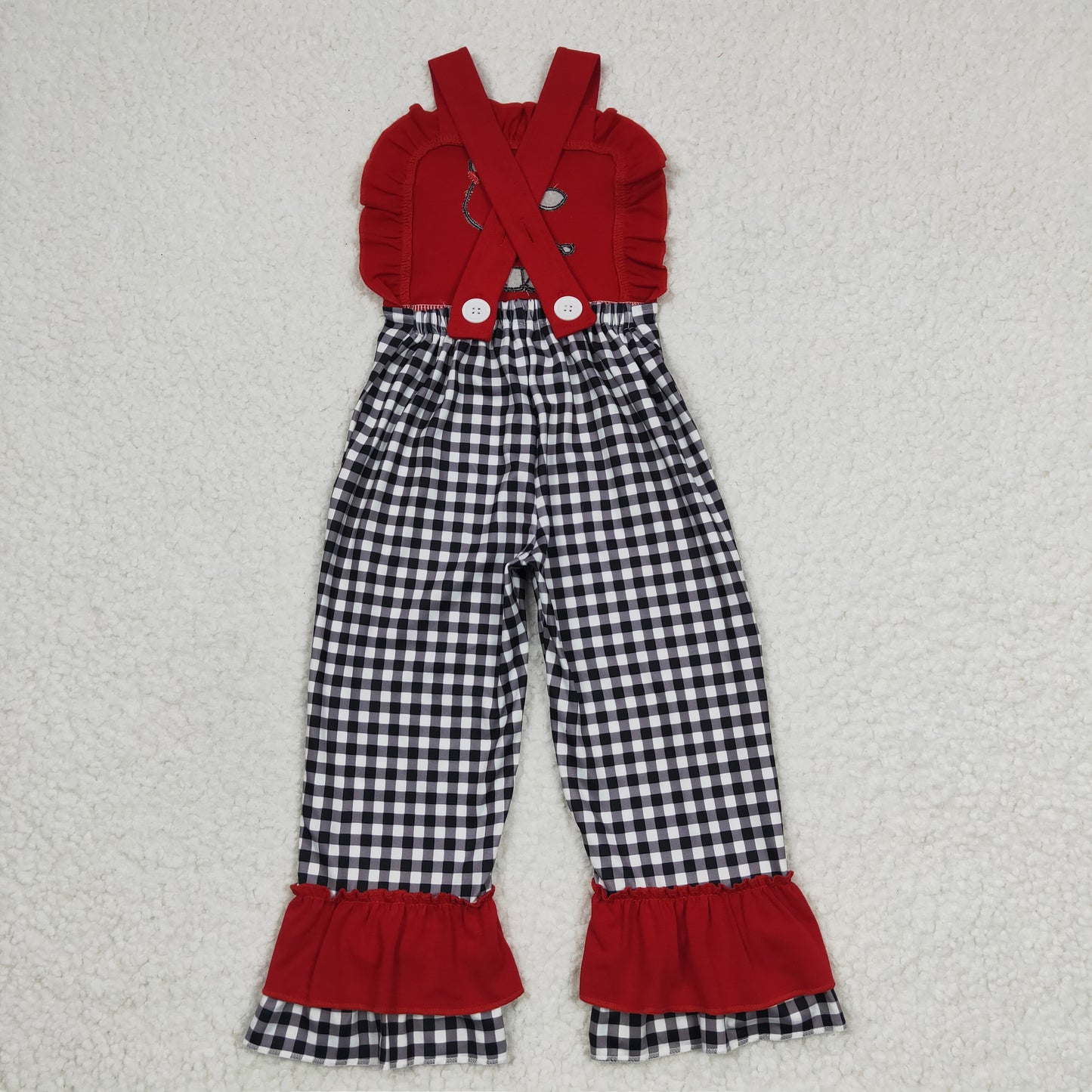 cow embroidery black plaid ruffle pants jumpsuit