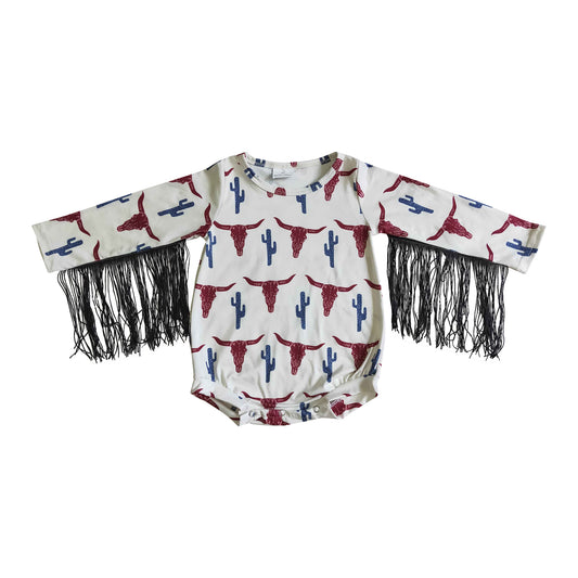 western fall cow skull cactus fringe baby romper