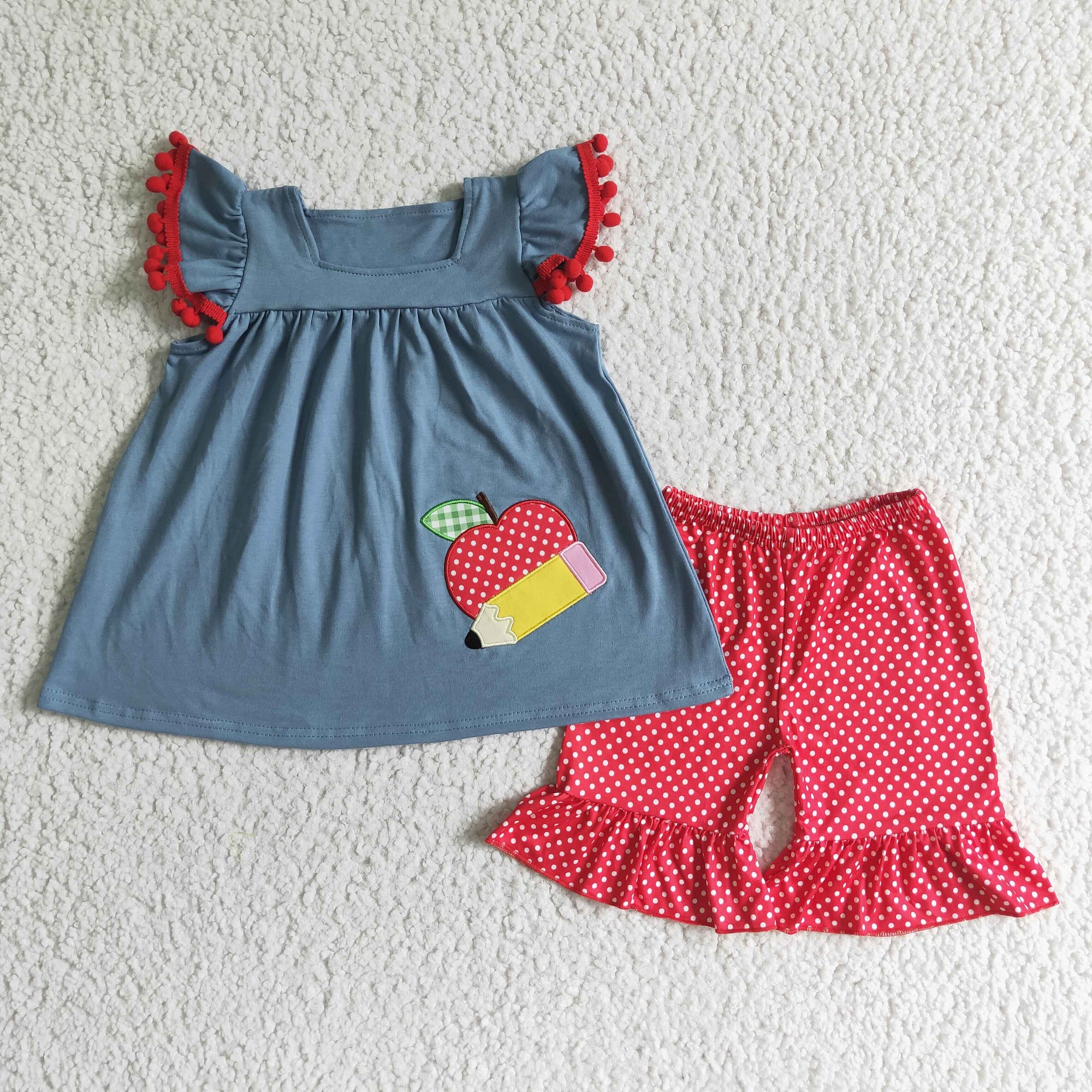 back to school outfit apple embroidery red dots shorts set