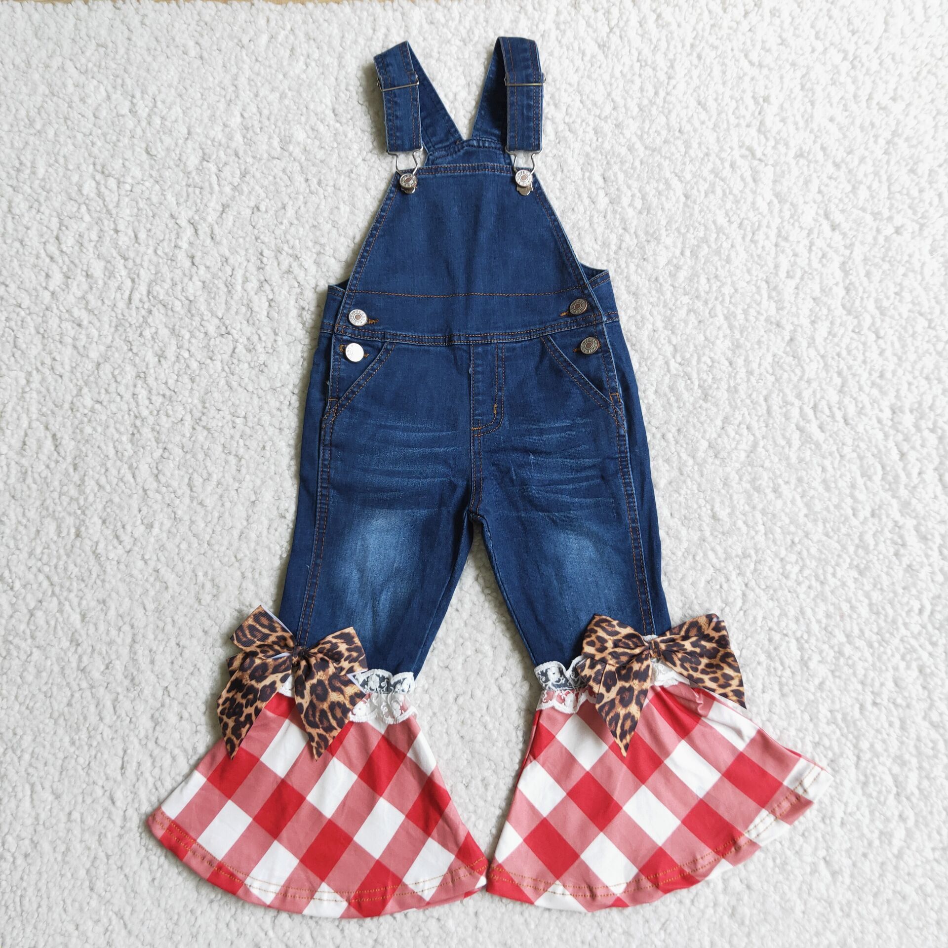 Plaid Botton Bells Denim Overall With Bow