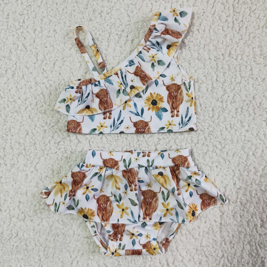 kids clothing 2pcs ruffle swimsuit cow