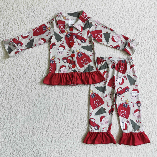 girl red Christmas cow pig farm house button pajama outfit