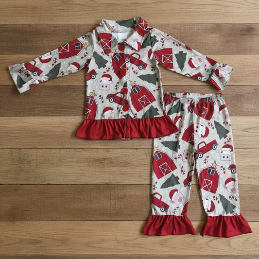 girl red Christmas cow pig farm house button pajama outfit