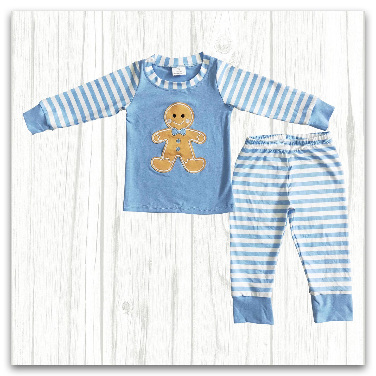 Blue Cotton Gingerbread Embroidery Christmas Pajamas Boy