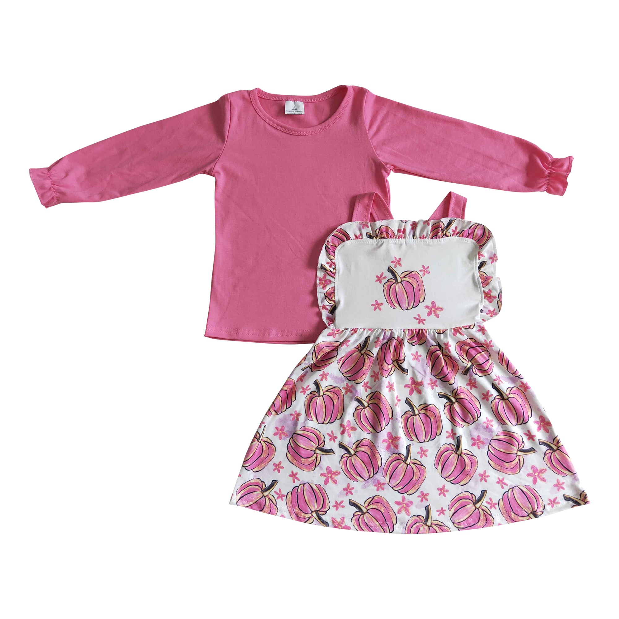 girl fall clothing pink pumpkin shirt cross skirt outfit