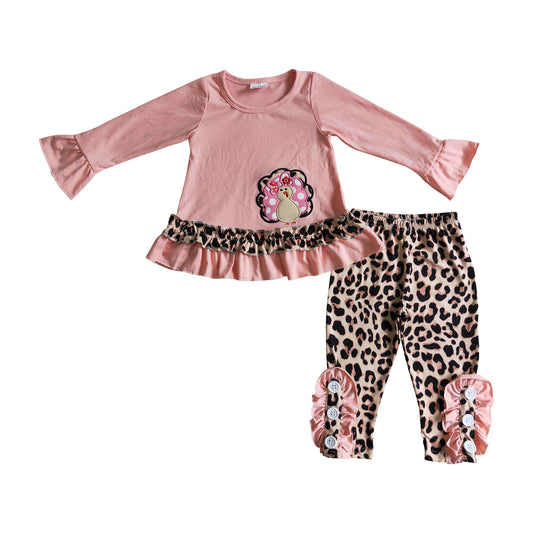girl's clothing pink turkey embroidery leopard leggings thanksgiving clothes set