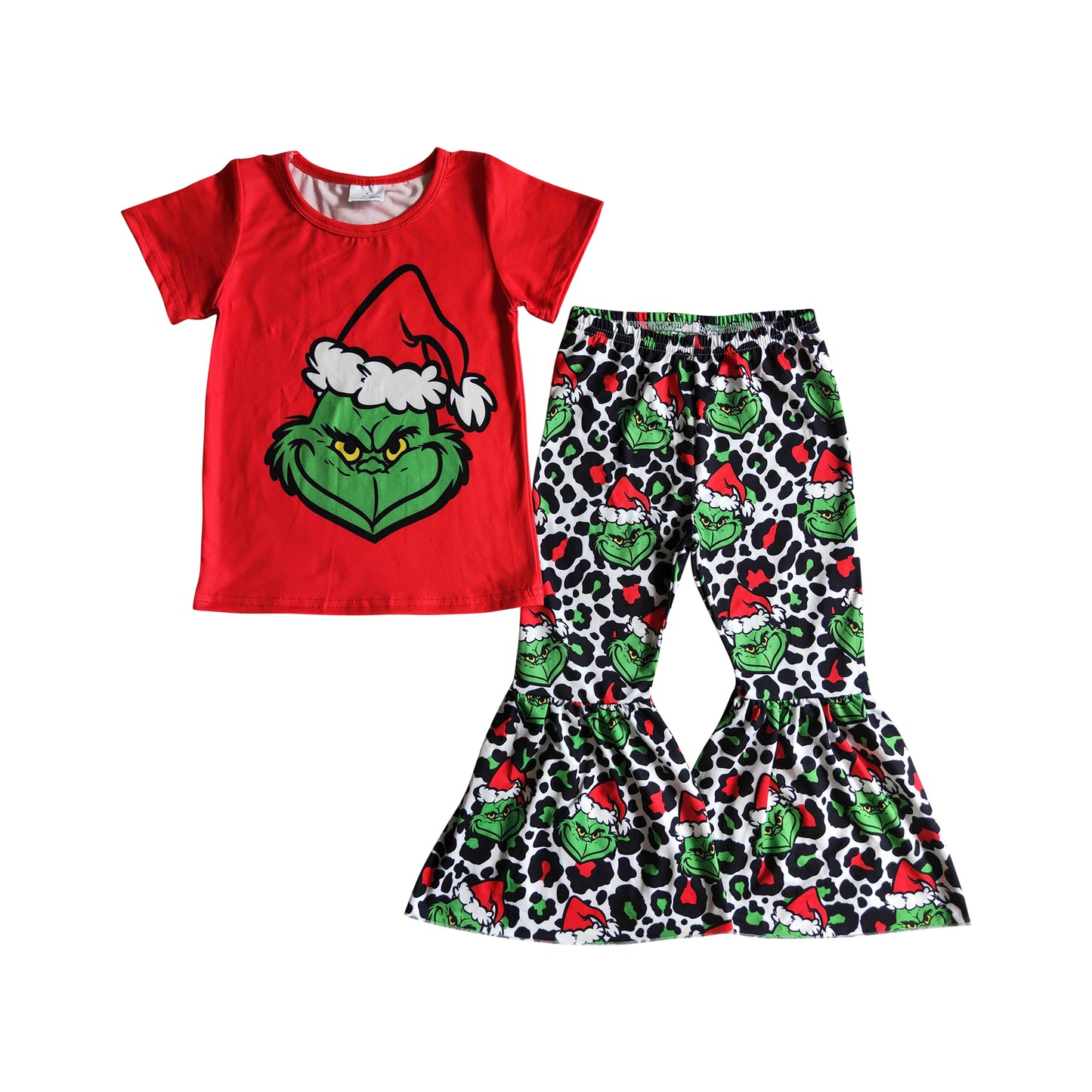 2022 new design short sleeve christmas green face bells outfit