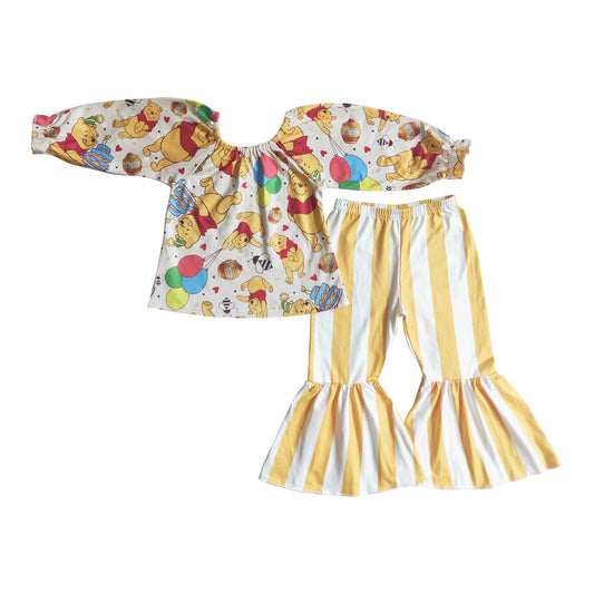 girl long sleeve bear outfit yellow stripe pants set