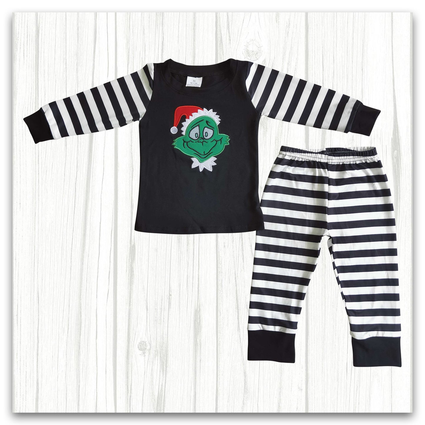 Christmas Cotton Black Stripe embroidery Pajamas Boy
