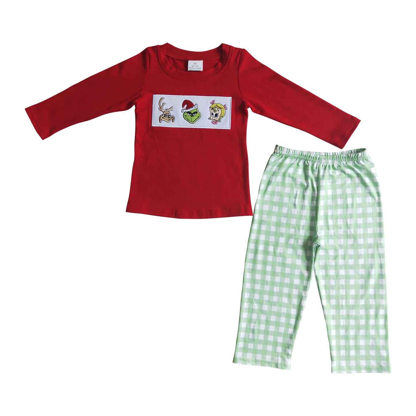 boy christmas embroidery outfit green palid pants set